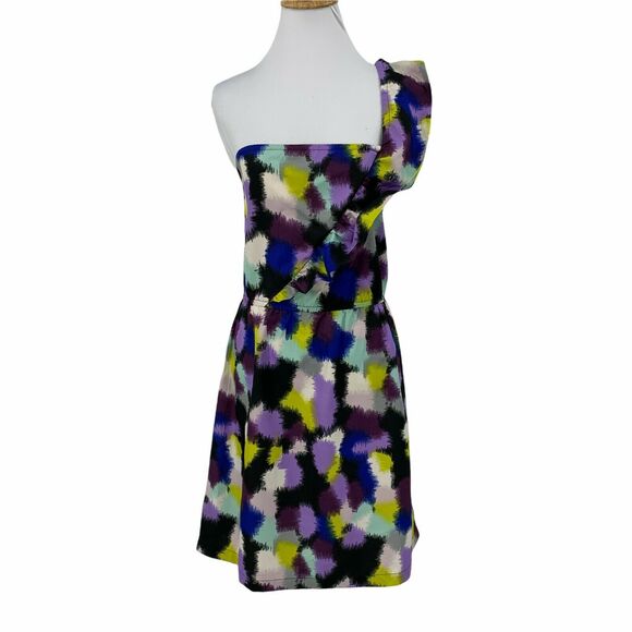 Roxy One Shoulder Mini Cocktail Dress Women's Size M Watercolors Ruffle Slant - Picture 1 of 11